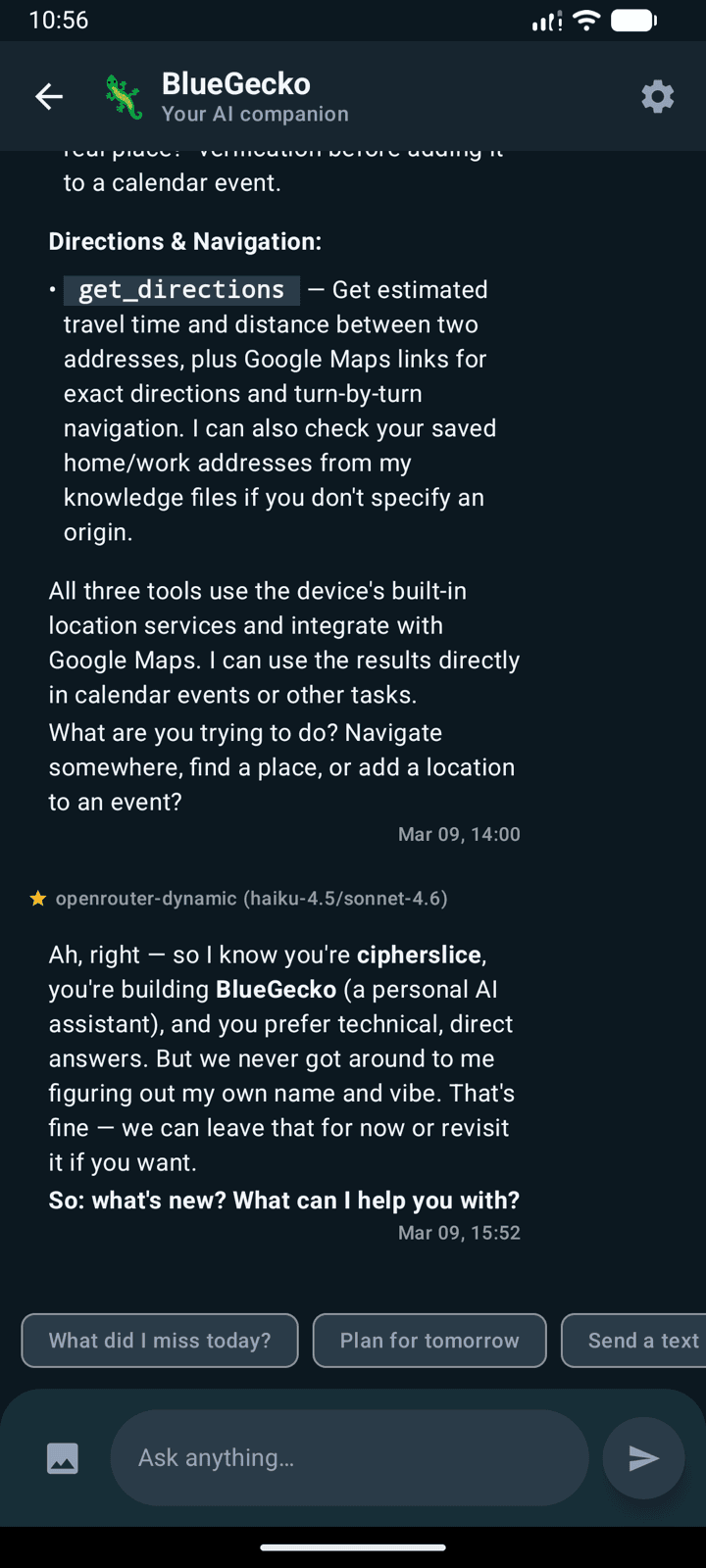 BlueGecko AI recognizing the user and showing personality
