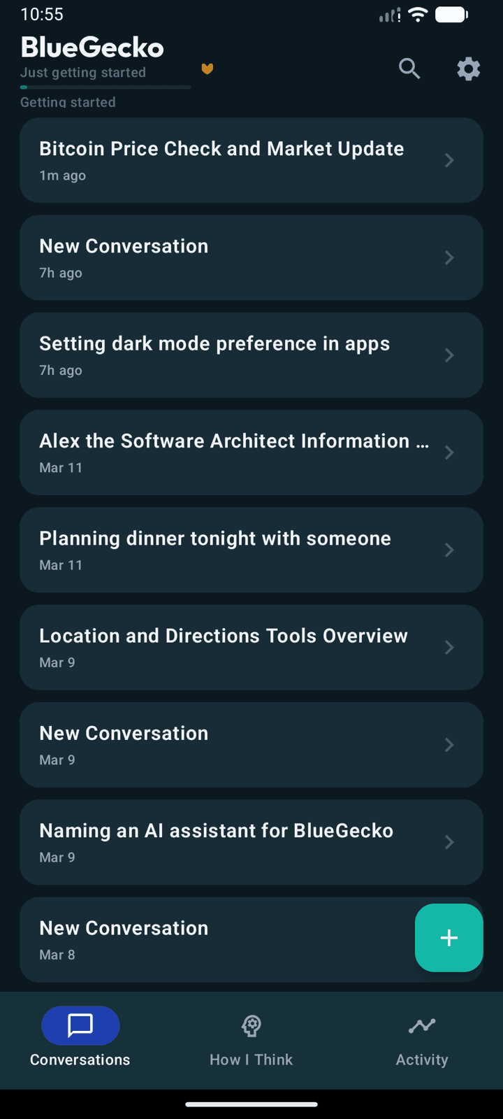BlueGecko conversations list with real AI conversations